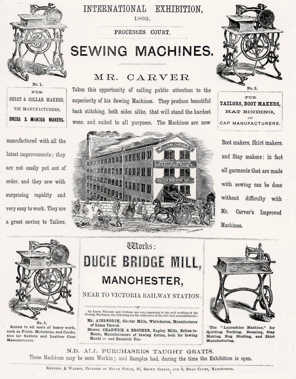 Propaganda para a Exposição Internacional do Sr. Carvers Sewing Machines, 1862 de English School