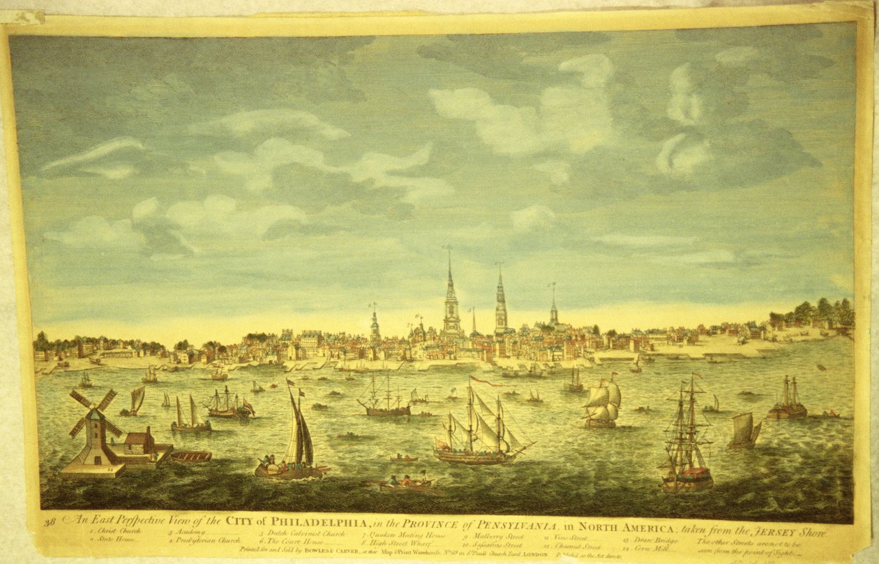 Uma perspectiva oriental da cidade de Filadélfia, c.1790 (gravura colorida à mão) de English School