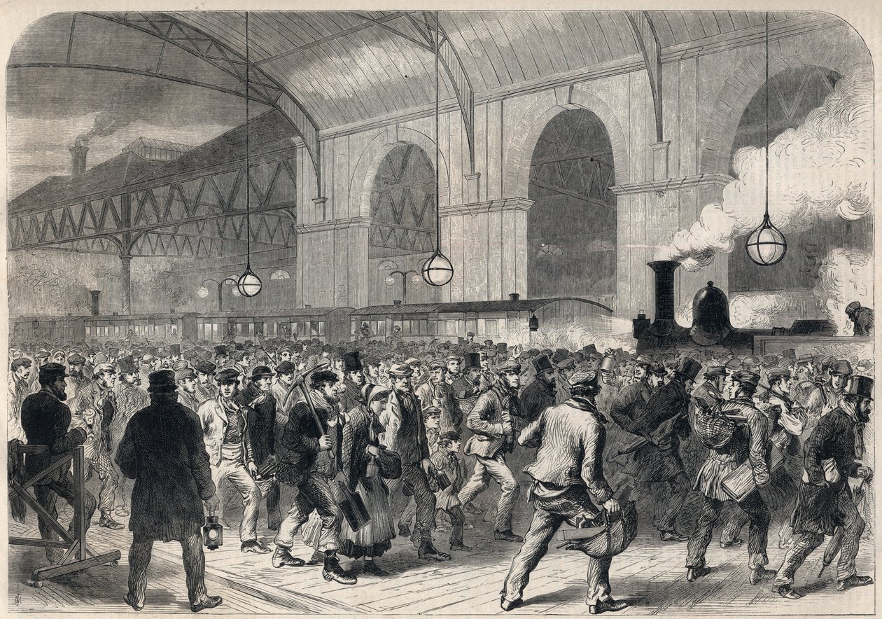 Chegada do trem de penny das trabalhadoras na estação de Victoria em Londres. de English School