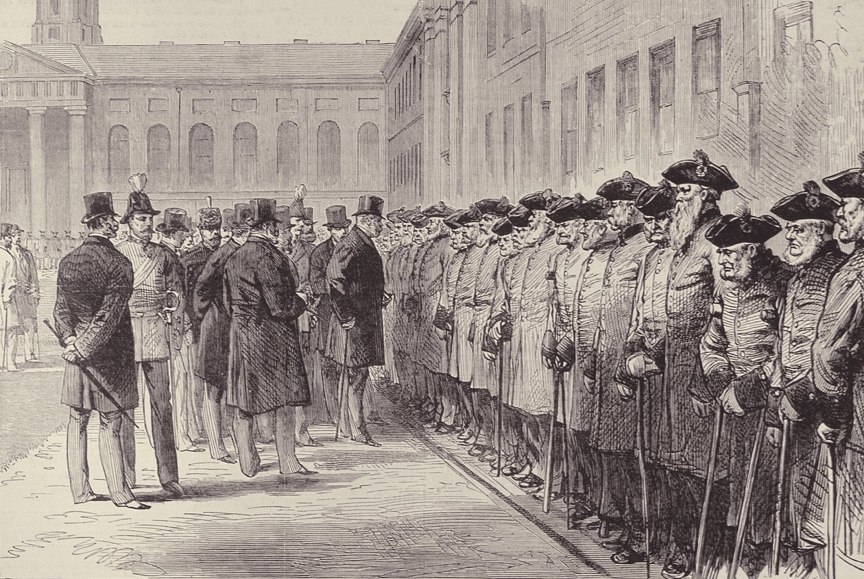 Bicentenário do Hospital de Chelsea: Duque de Cambridge Inspecionando os Pensionistas, de The Illustrated London News, 25 de fevereiro de 1882 de English School