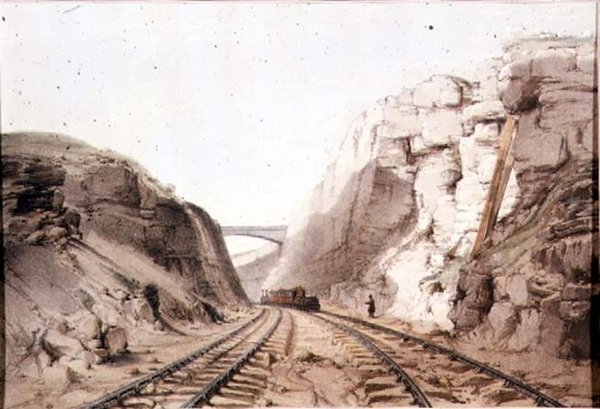 Blisworth, Northants, a ferrovia cortando a rocha em Bilsworth - típica da engenharia ferroviária britânica, publicada por R. Ackermann, 1831 de English School