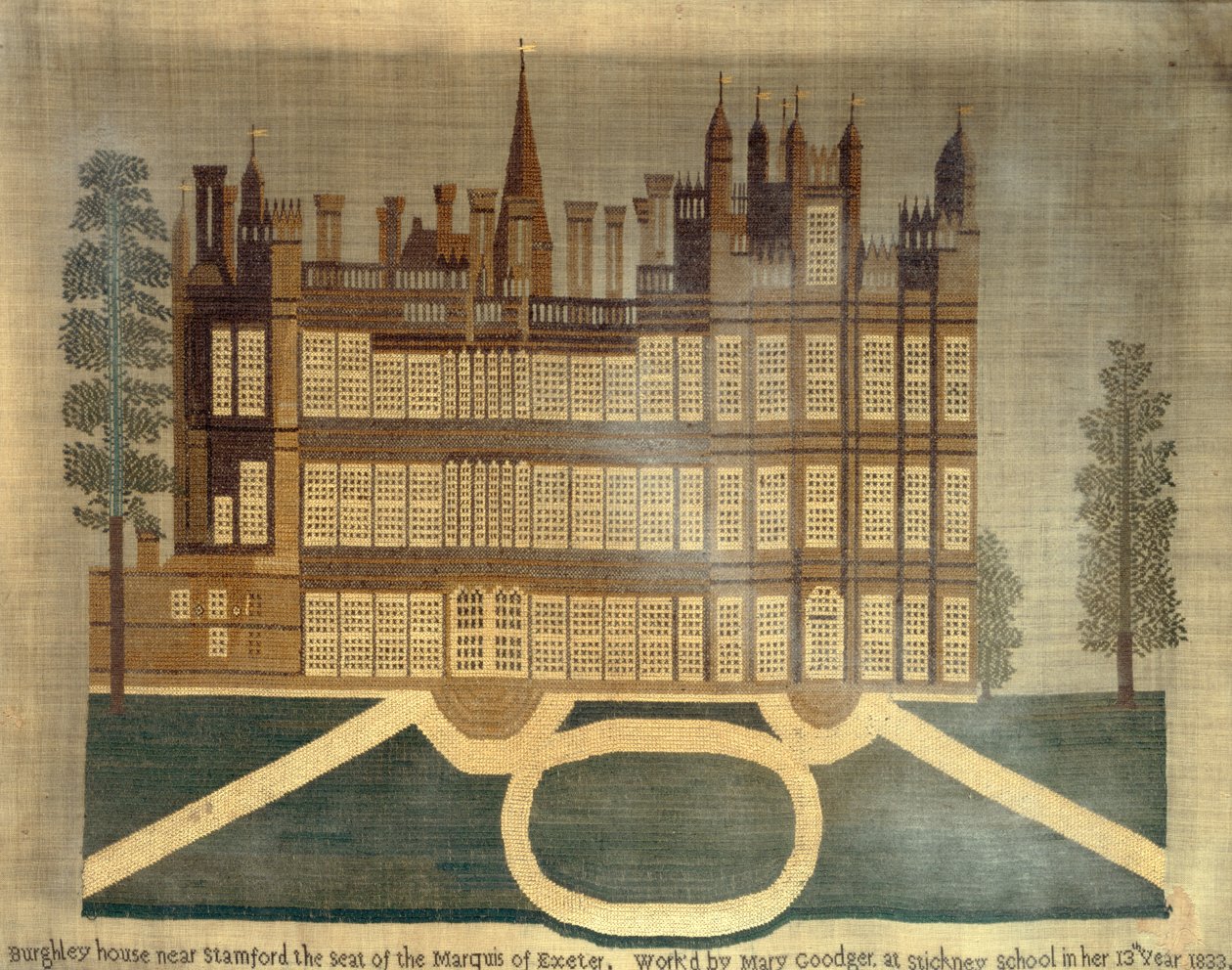 Burghley House perto de Stamford, 1833 (ponto de cruz em linho) de English School