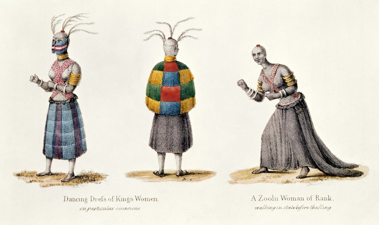 Dançando o vestido das mulheres dos reis e uma mulher de Rank de Zoolu, ilustração da narrativa de uma viagem ao país de Zoolu por AF Gardiner, 1836 de English School
