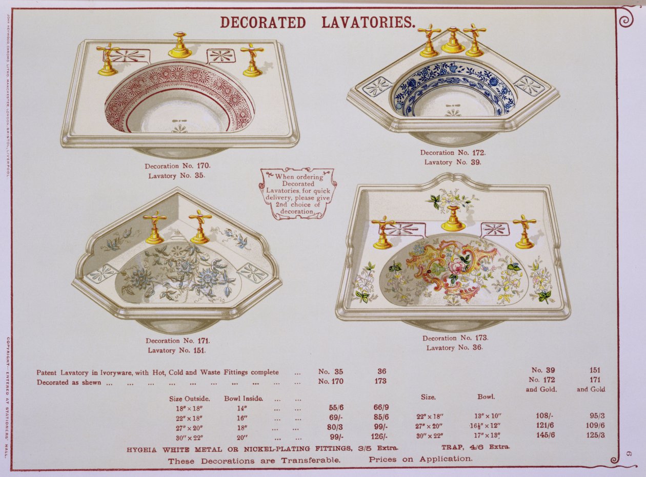 Lavatórios decorados de um catálogo de artigos sanitários produzidos por Morrison, Ingram & Co., Manchester, publicado c.1890 de English School