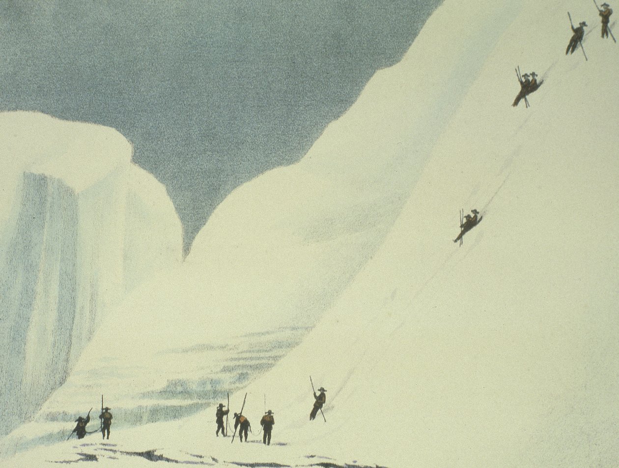 Descendo as Neves íngremes, de A Narrativa de uma Ascensão à Cimeira do Mont Blanc por Charles Fellows (1799-1860), publicado em 1827 de English School