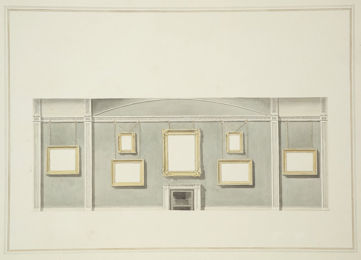 Designs for the Picture Pendura em uma das longas paredes de Sir John Leicesters Gallery, Hill Street, cerca de 1806 (wc sobre lápis sobre papel) de English School