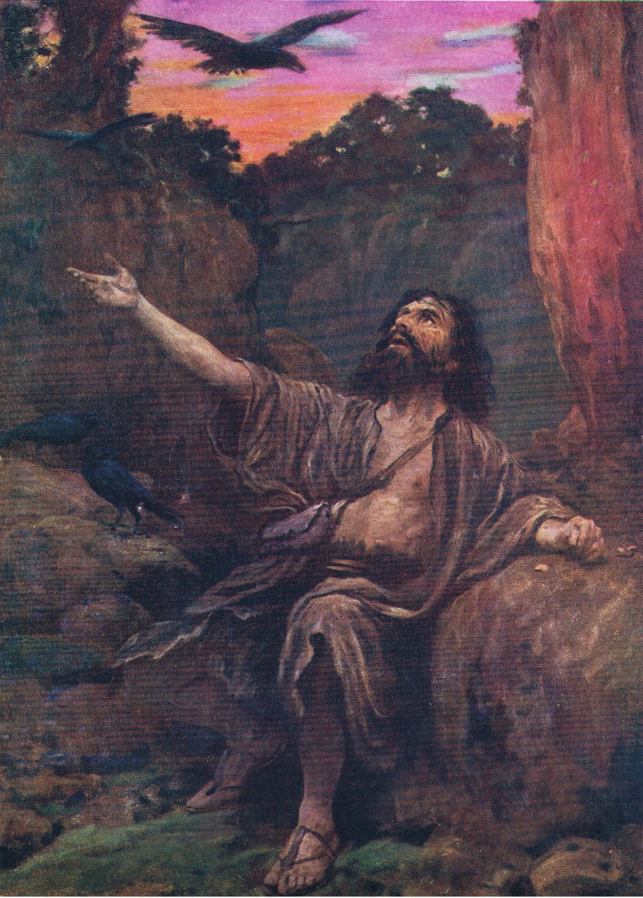 Elias e os Corvos, do Livro de Gravuras da Bíblia publicado por Thomas Nelson, c.1950 de English School