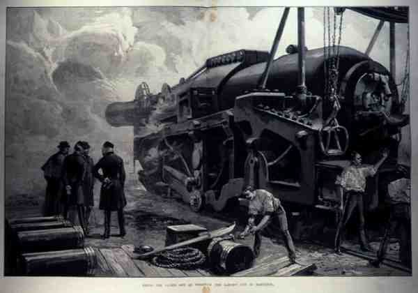 Disparando as 111 toneladas em Woolwich (a maior arma da existência), de The Illustrated London News, 11 de junho de 1887 de English School