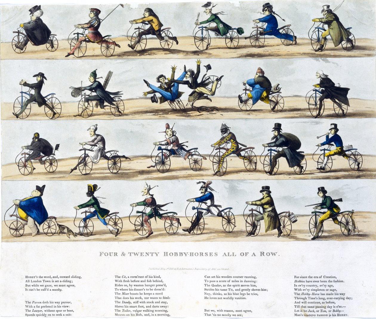 Quatro e vinte cavalos do passatempo todos de uma fileira, 1819 (aquatint colorido) de English School