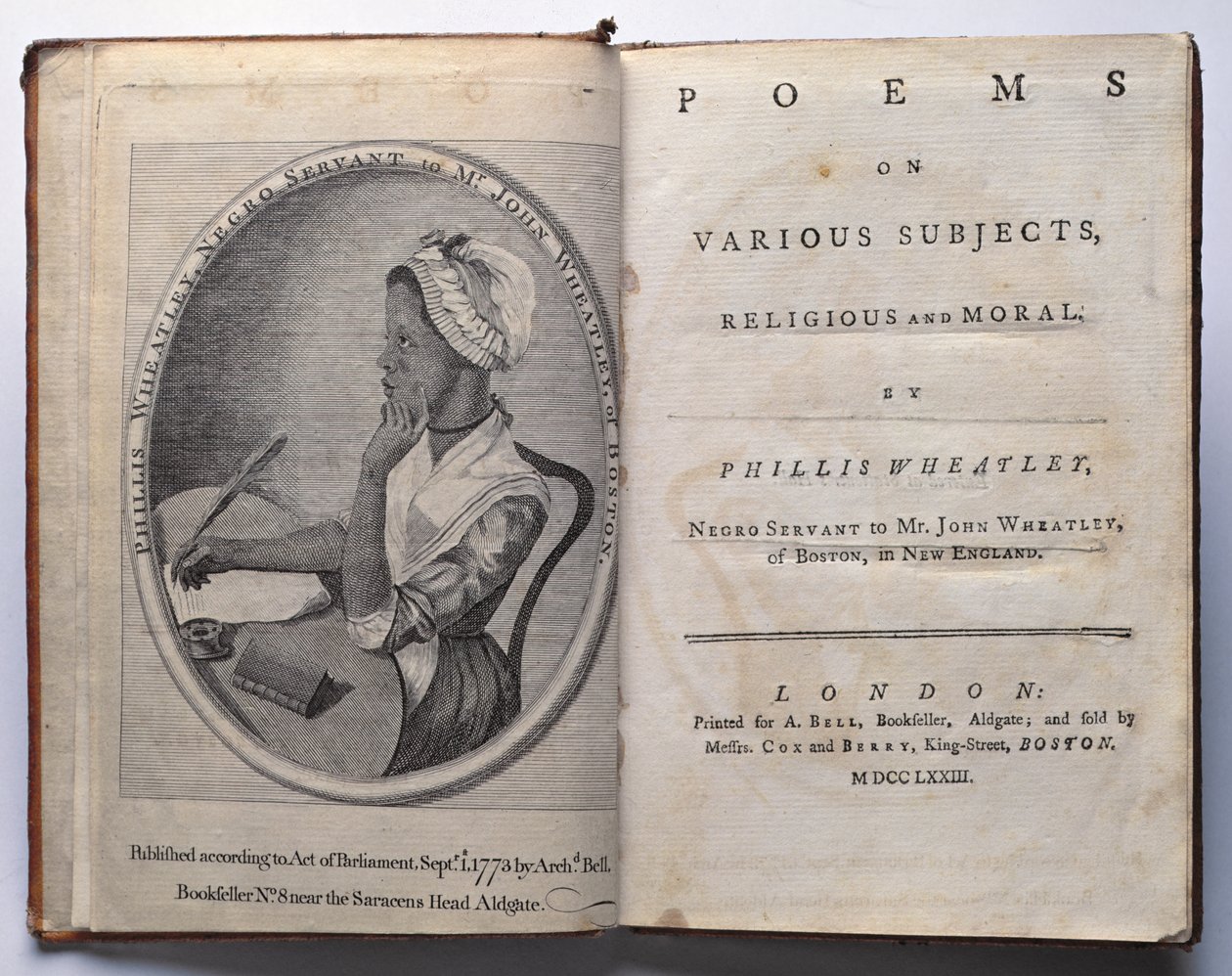 Frontispício e título de Poemas sobre Diversos Assuntos, Religiosos e Morais, de Phillis Wheatley, publicado por Archibald Bell, Londond, 1773 de English School