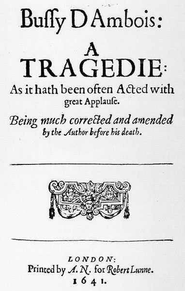 Frontispício para Bussy DAmbois: Uma tragédia, 1641 de English School