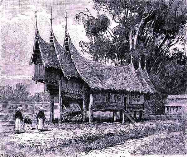 Casa na Sumatra Central, gravada por E. Krell, de The History of Mankind, Vol.1, do Prof. Friedrich Ratzel, 1896 de English School