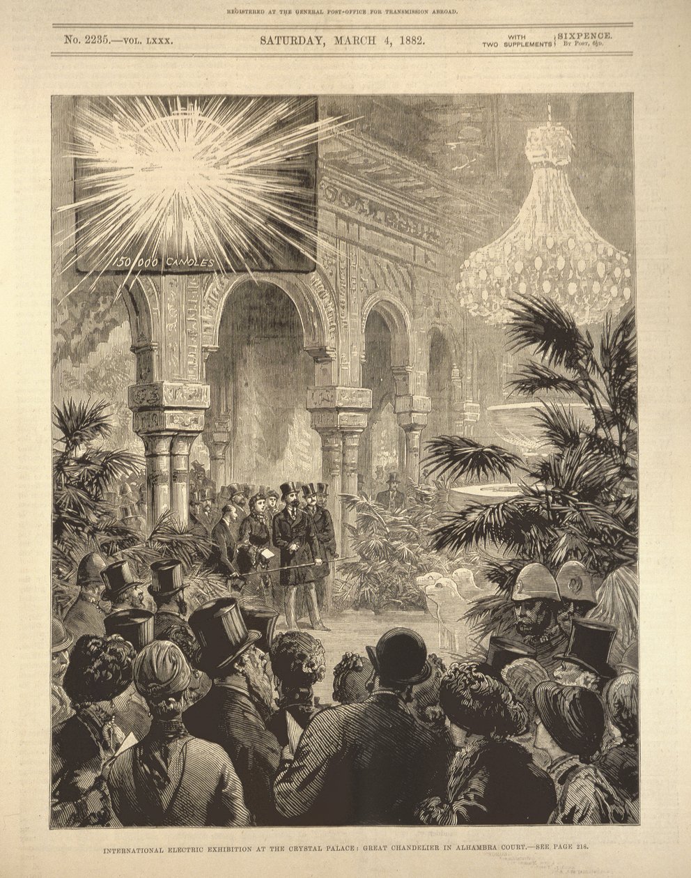Exposição Internacional de Eletricidade no Palácio de Cristal: Grande Candelabro no Tribunal de Alhambra, de The Illustrated London News, 4 de março de 1882 de English School