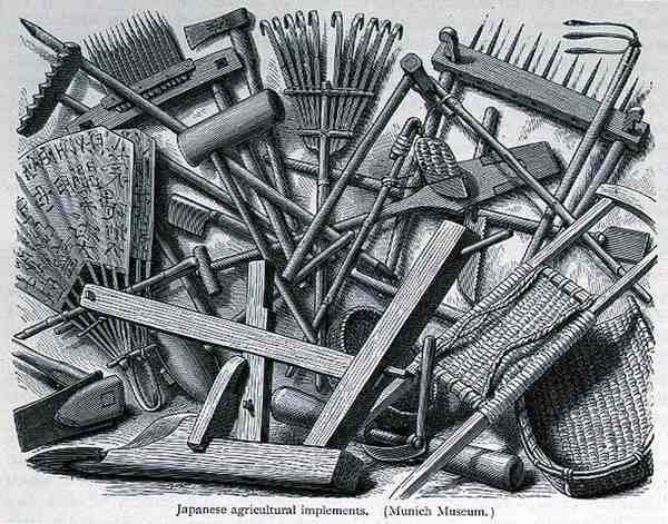 Implementos agrícolas japoneses, de The History of Mankind, Vol.III, do Prof. Friedrich Ratzel, 1898 de English School