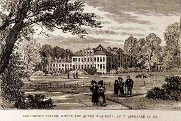 Palácio de Kensington, onde nasceu a rainha, como apareceu em 1831, de The Illustrated London News, 19 de junho de 1886 de English School