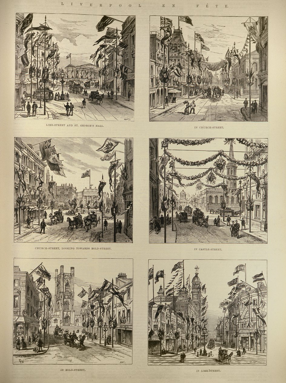Liverpool en Fete: Lime Street e St. Georges Hall; Rua da Igreja; Castle Street; Bold Street, do The Illustrated London News, 15 de maio de 1886 de English School
