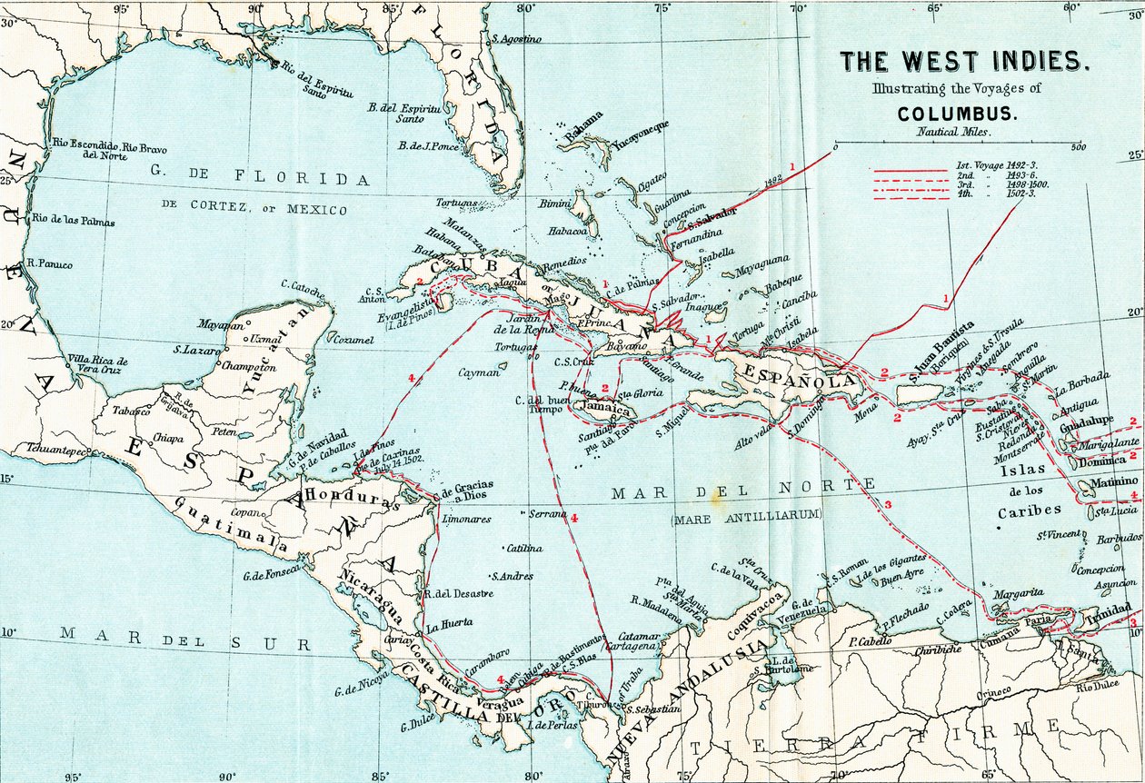 Mapa das Índias Ocidentais, ilustrando as viagens de Cristóvão Colombo, de Life of Christopher Columbus, de Clements R. Markham, publicado em 1892 de English School