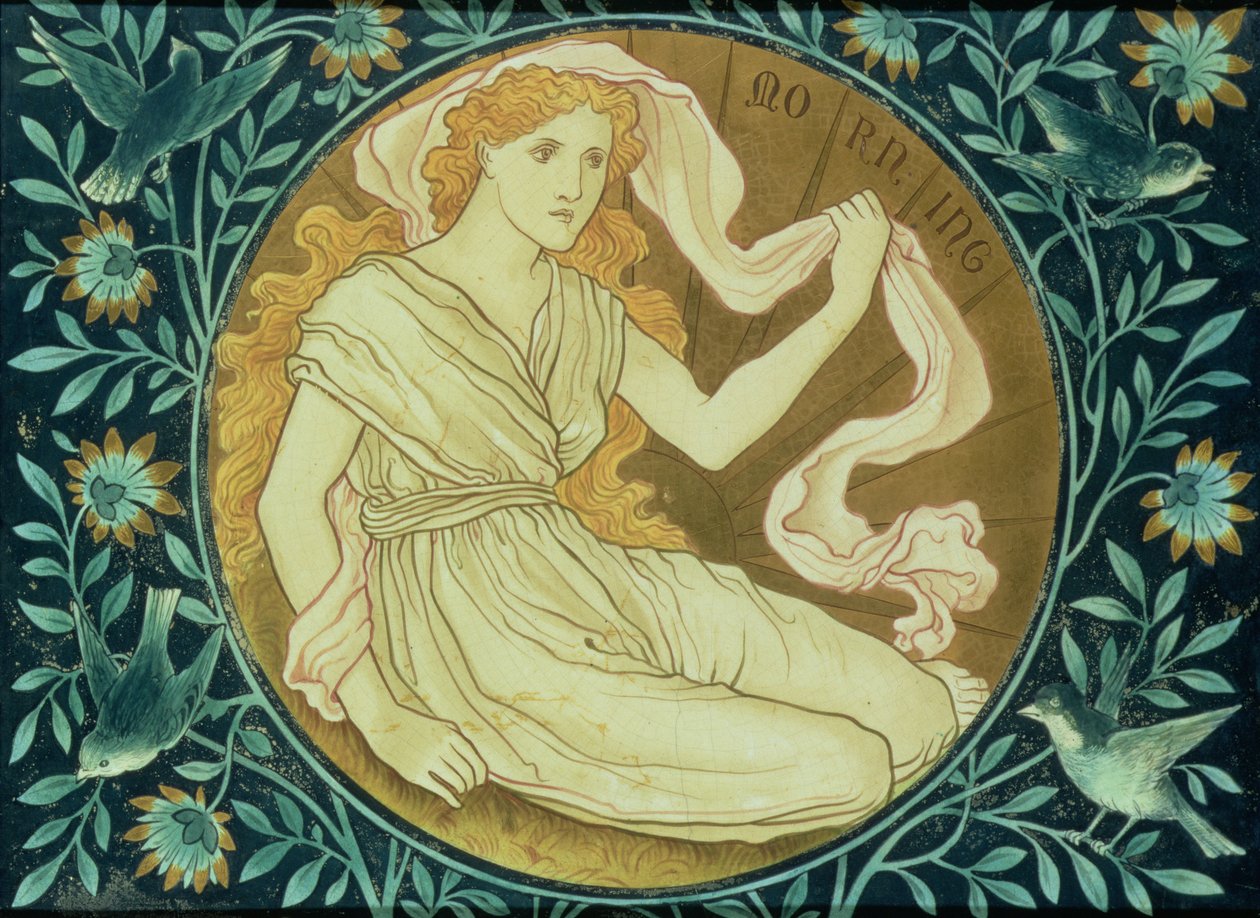 Manhã, painel decorado com uma figura alegórica representando o sol nascente, fabricado por Shrigley & Hunt, 1876 (cerâmica) de English School