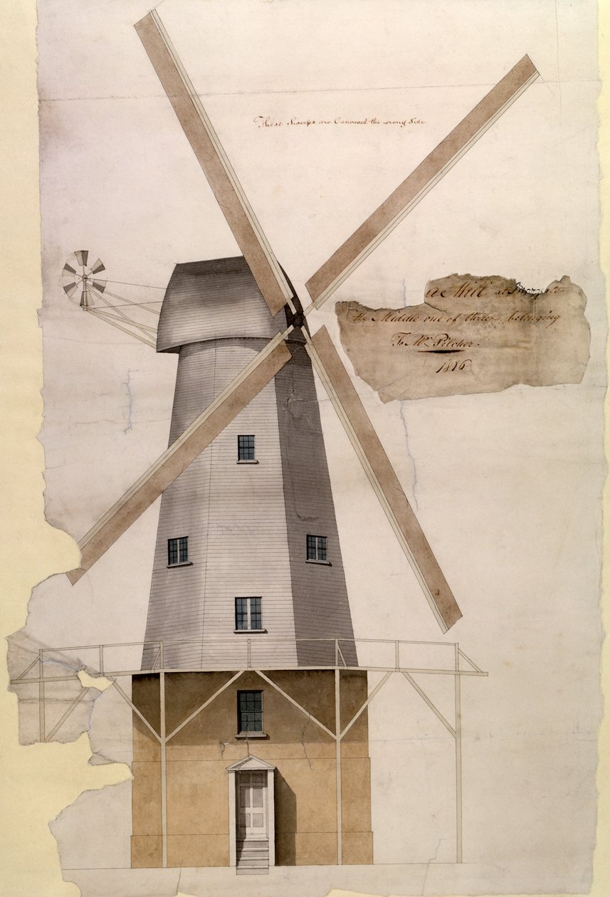 Mr Pilchers Windmill at Margate, Kent, 1816 (caneta e tinta, lápis e papel) de English School