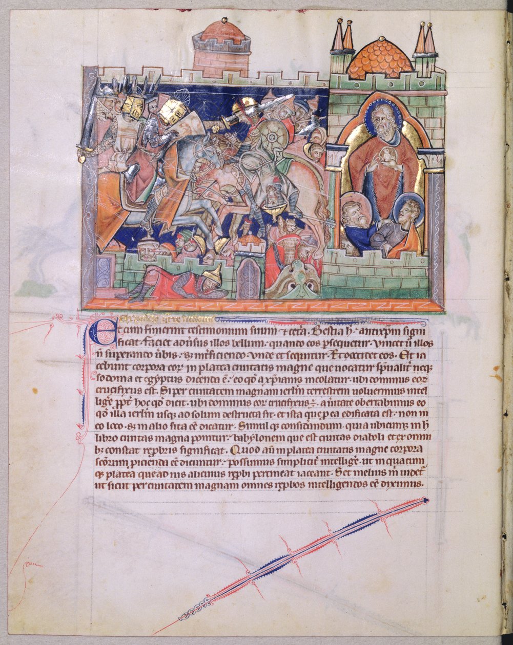 Desconhecida LA 139-Lisboa fol. 26v O Templo de Deus é preservado enquanto o exército das Nações assola a corte por 42 meses, do Apocalipse Gulbenkian, c.1265-70 de English School