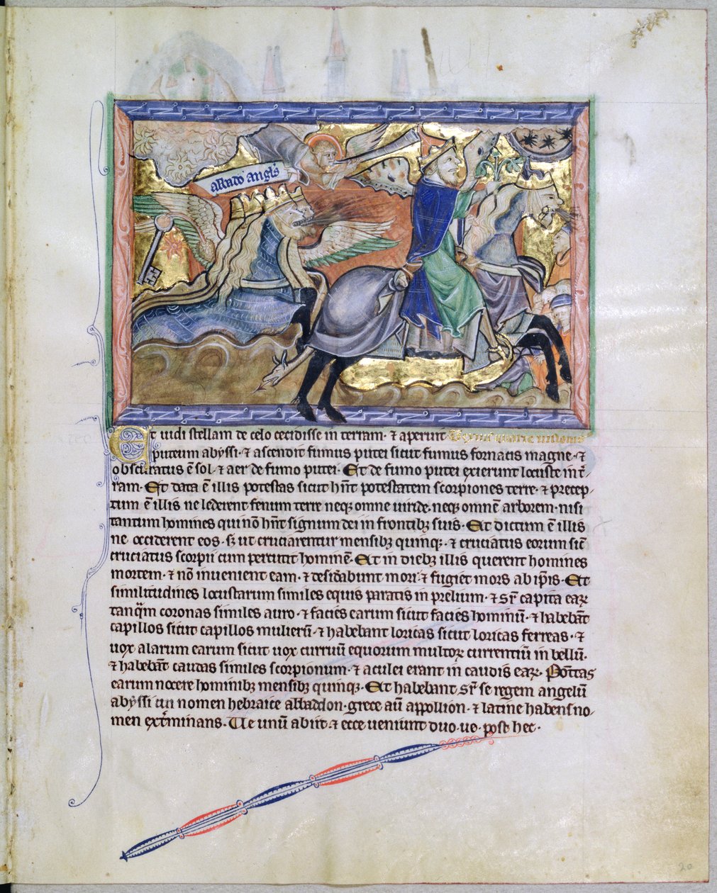 Sra. LA 139-Lisboa fol.20 Exterminans, o rei dos gafanhotos, levanta-se da cova, do Apocalipse Gulbenkian, c.1265-70 de English School