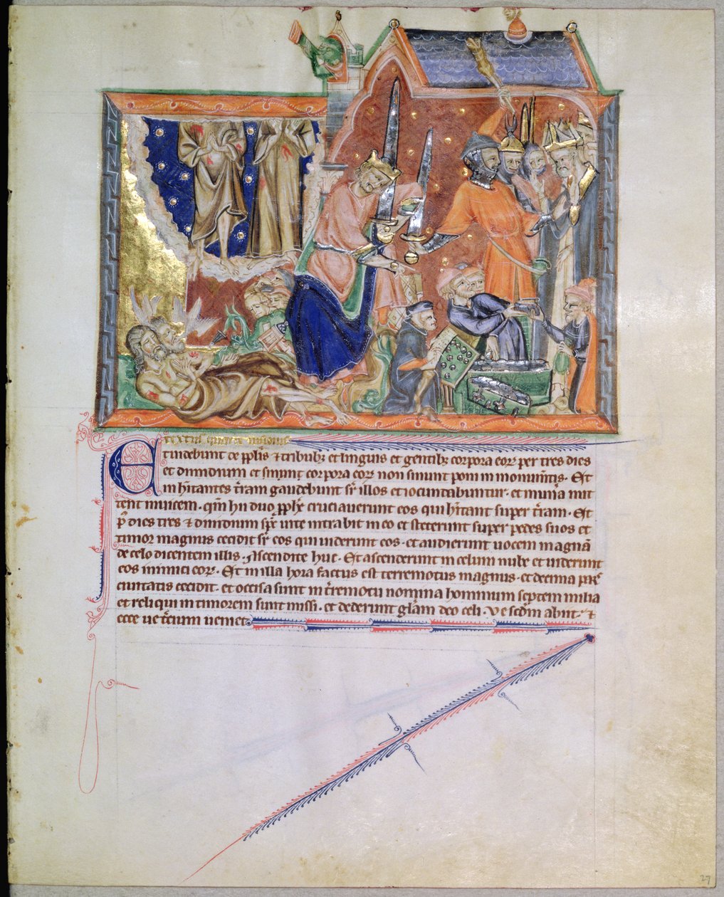 Sra. LA 139-Lisboa fol.27 As testemunhas são enterradas e suas almas ascendem ao Céu, do Apocalipse Gulbenkian, c.1265-70 de English School