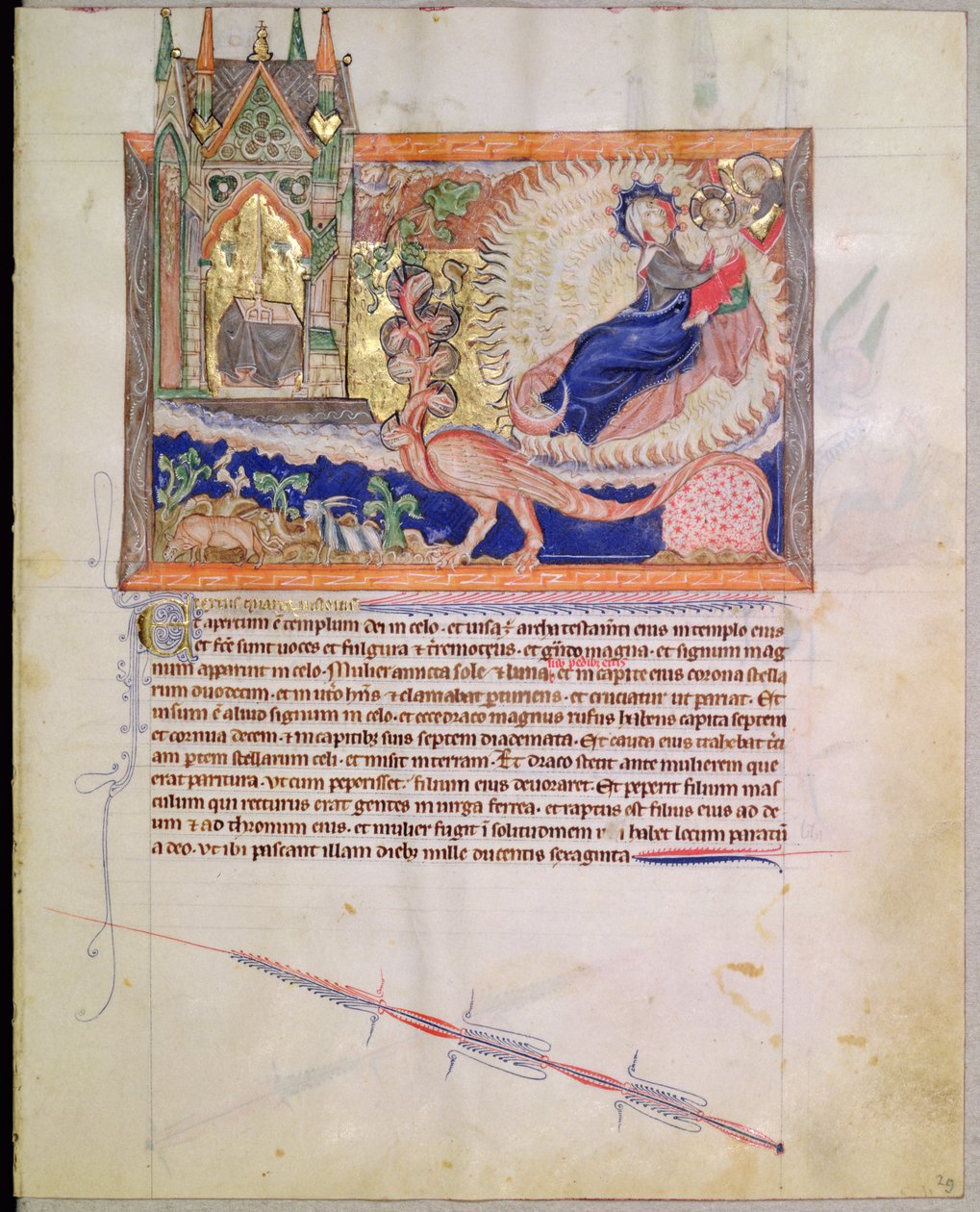 Sra. LA 139-Lisboa fol.29 Deus resgatando a criança do sexo masculino de ser devorado pelo dragão vermelho, do Apocalipse Gulbenkian, c.1265-70 de English School