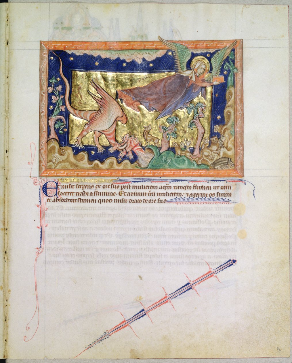 Sra. LA 139-Lisboa fol.32 A mulher a voar enquanto a Terra engole a água expelida pelo dragão vermelho, do Apocalipse Gulbenkian, c.1265-70 de English School