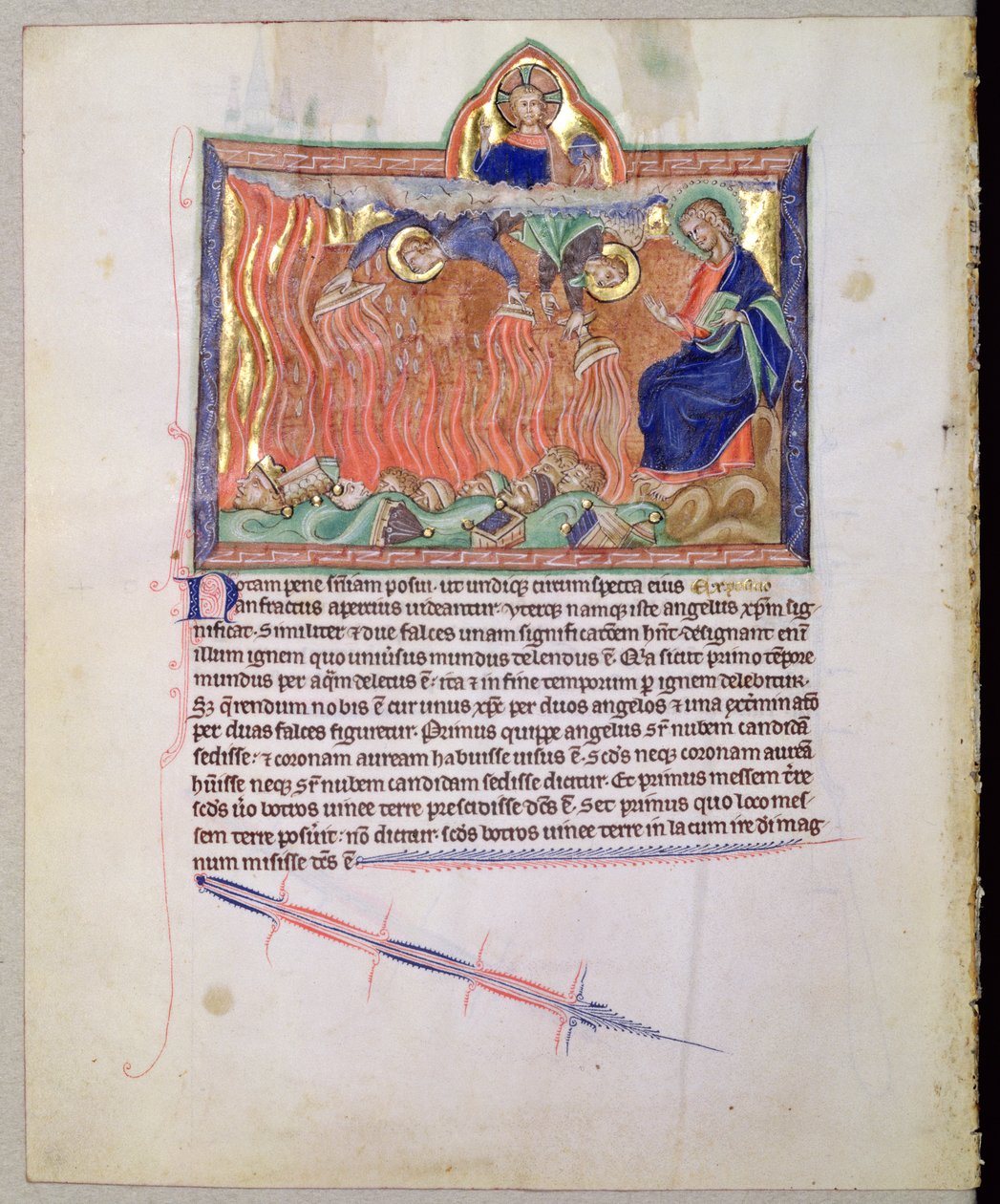 Sra. LA 139-Lisboa fol.47v Taças de ouro cheias da ira de Deus que jorra sobre a terra, do Apocalipse Gulbenkian, c.1265-70 de English School