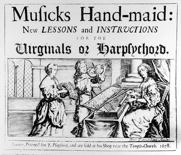 Músicas Mão-Maid: Novas Lições e Instruções para os Virginals ou Harpsichords, gravada por Guiseppe Vaughan, 1678 de English School