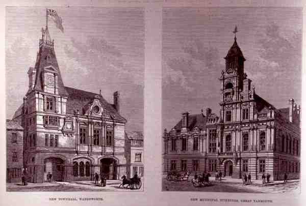 Nova Prefeitura, Wandsworth e os Novos Edifícios Municipais, Great Yarmouth, de The Illustrated London News, 21 de janeiro de 1882 de English School