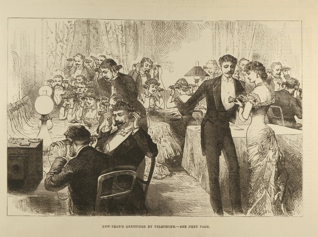 Saudações de Ano Novo por Telefone, de The Illustrated London News, 7 de janeiro de 1882 de English School