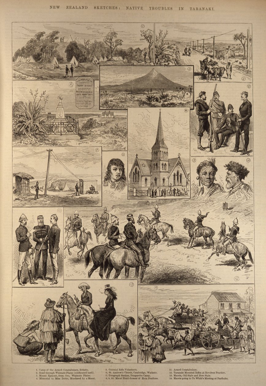 Esboços da Nova Zelândia: Problemas Nativos em Taranaki, de The Illustrated London News, 28 de janeiro de 1882 de English School