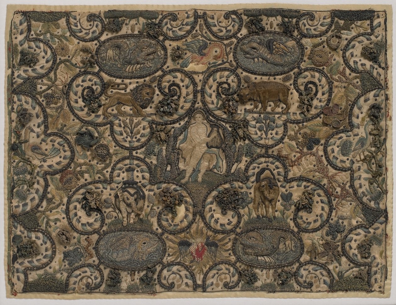 Orfeu encantando os animais com seu alaúde, bordado em seda, c.1630 (bordados de seda) de English School