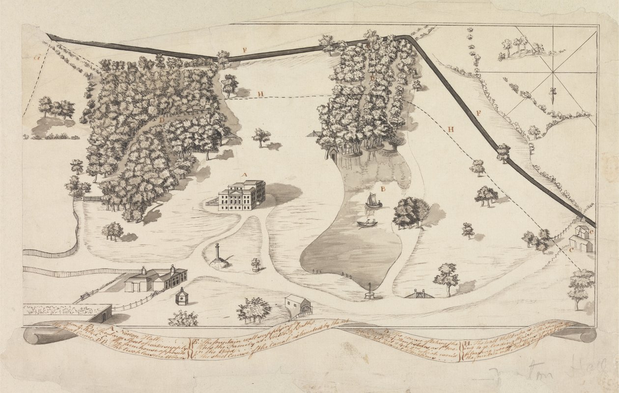 Plano do Parque no Norton Hall, Norton Priory, c.1750-60 (caneta e tinta preta e cinza no papel) de English School