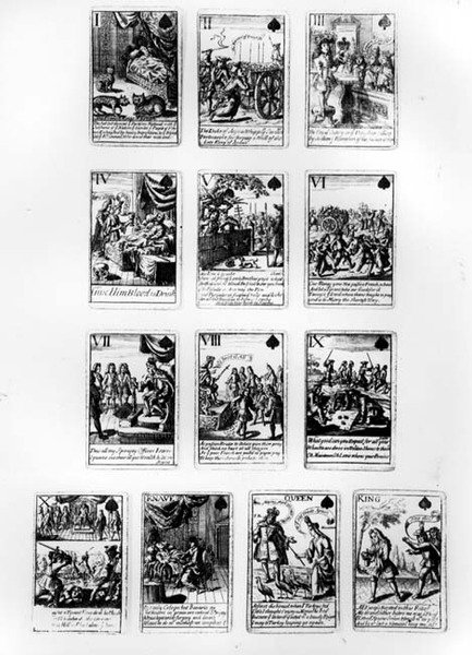 Cartas de jogar comemorando a Guerra da Sucessão Espanhola, com cenas satirizando a família real francesa e a corte, c.1707 de English School