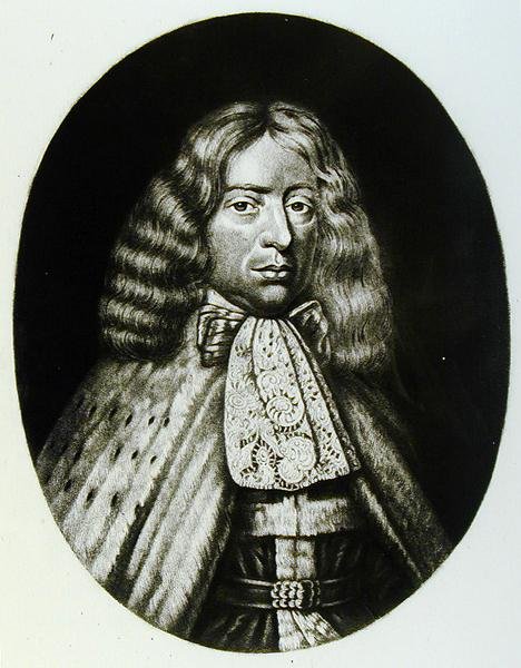 Retrato de George, conde de Berkeley (1628-98) gravado por Richard Earlom (1743-1822) e Charles Turner (c.1773-1857) de personagens ilustres da história britânica (mezzotint) de English School