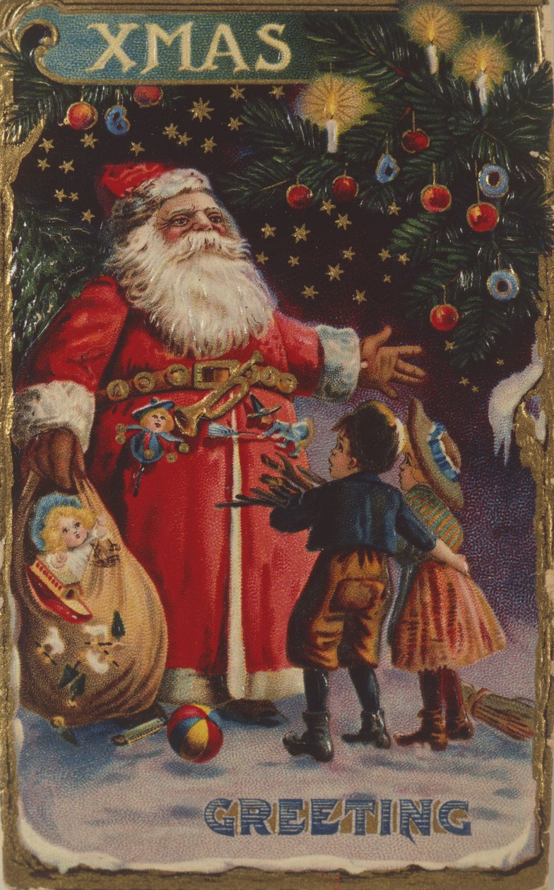 Cartão postal retratando o Pai Natal com seu saco de brinquedos de English School
