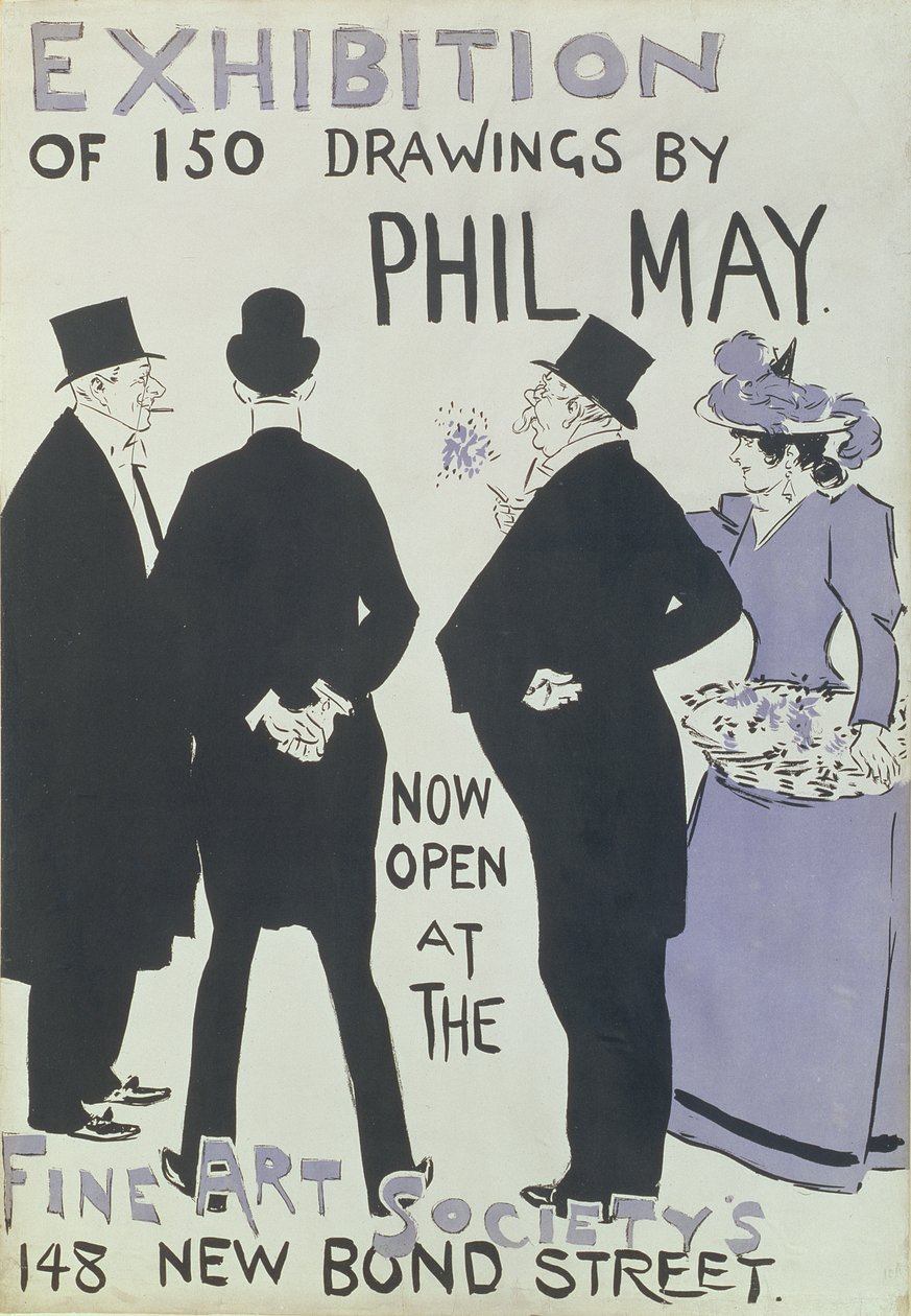 Cartaz publicitário Exposição de 150 desenhos de Phil May na Fine Art Society, New Bond Street, 1895 de English School