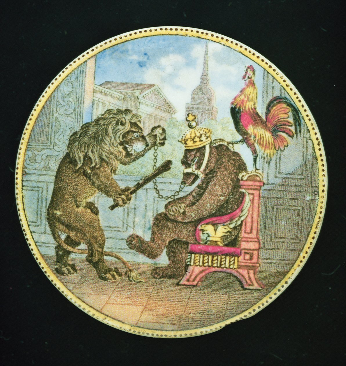 Pot Lid, representando um urso, leão e galo, Staffordshire (barro) de English School