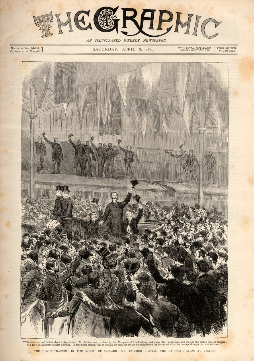 Protesto contra o Projeto de Lei Principal (introduzido por Gladstone) em Belfast: Arthur James Balfour deixando a estação ferroviária em Belfast. de English School