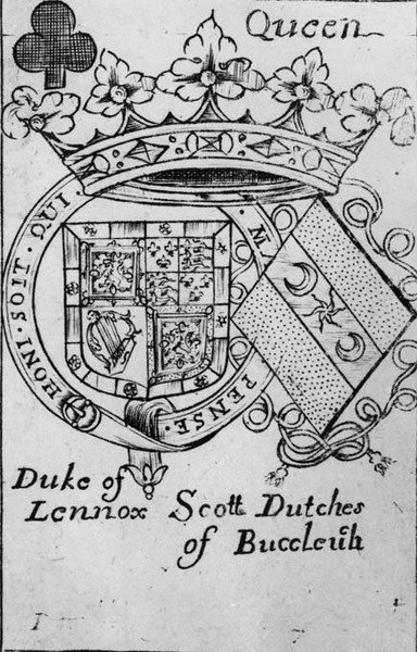 Rainha de espadas, carta de baralho, representando o brasão de armas do Duque de Lennox e da Duquesa de Buccleuch de English School
