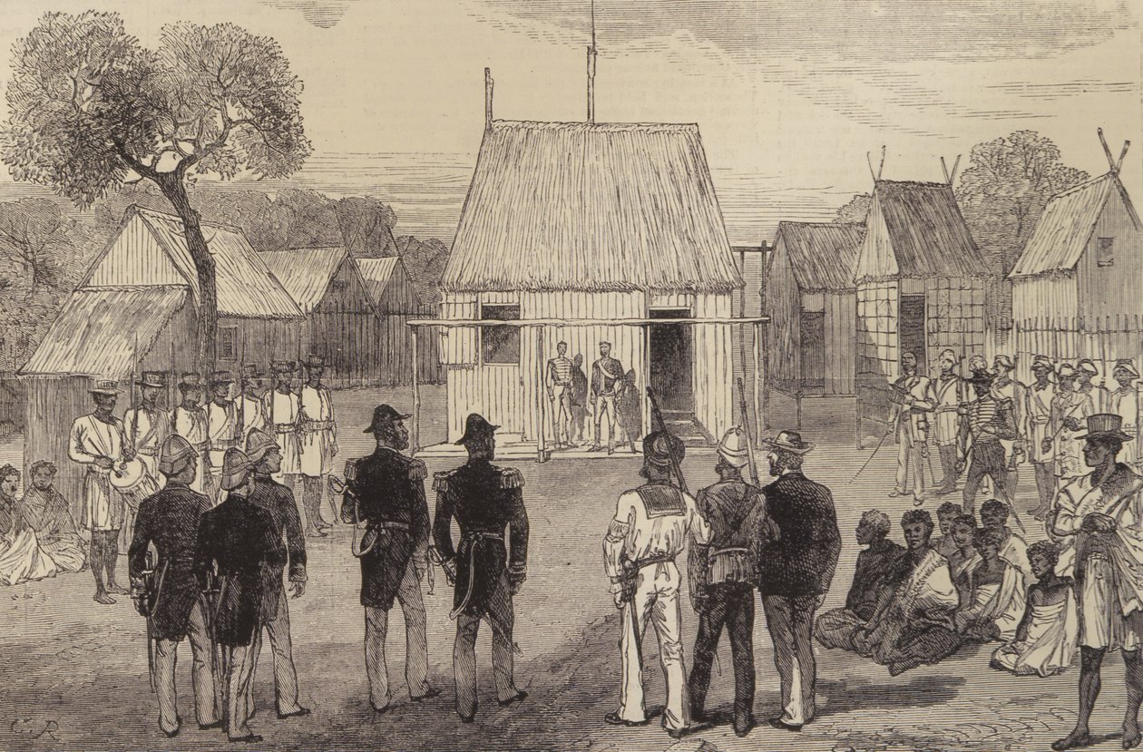Recepção de oficiais navais britânicos pelo governador nativo de Mohabo, Madagascar, do The Illustrated London News, 26 de novembro de 1881 de English School