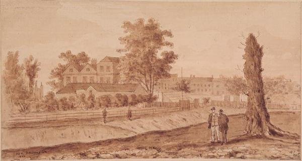 Stoke Newington Green, rubricado HF, 1860 (sépia) de English School