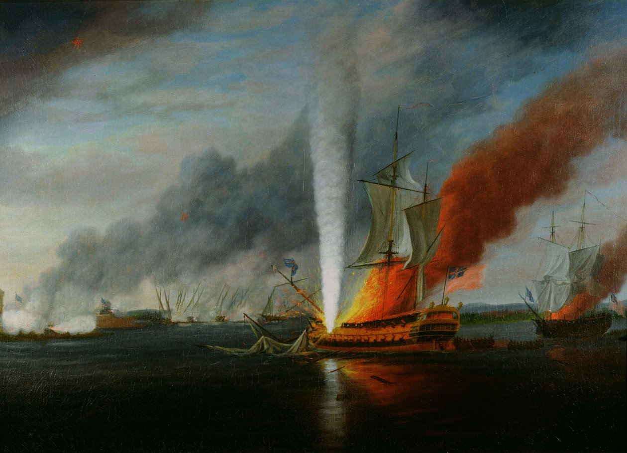 A queima de HMS Augusta em 1777 de English School