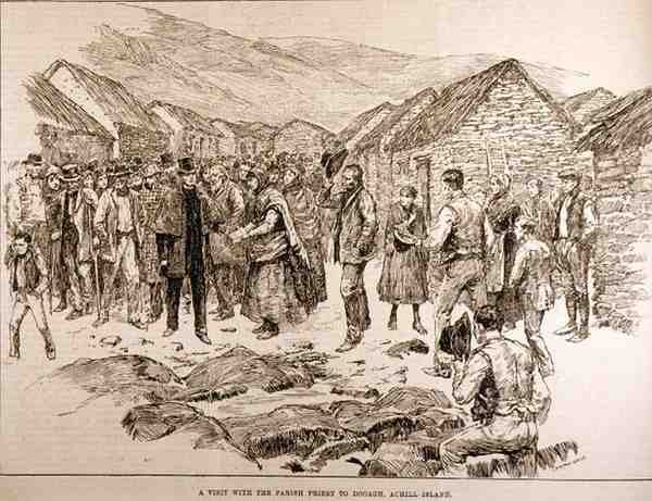 A aflição no oeste da Irlanda: uma visita com o pároco a Dooagh, Achill Island, de The Illustrated London News, 4 de outubro de 1886 de English School