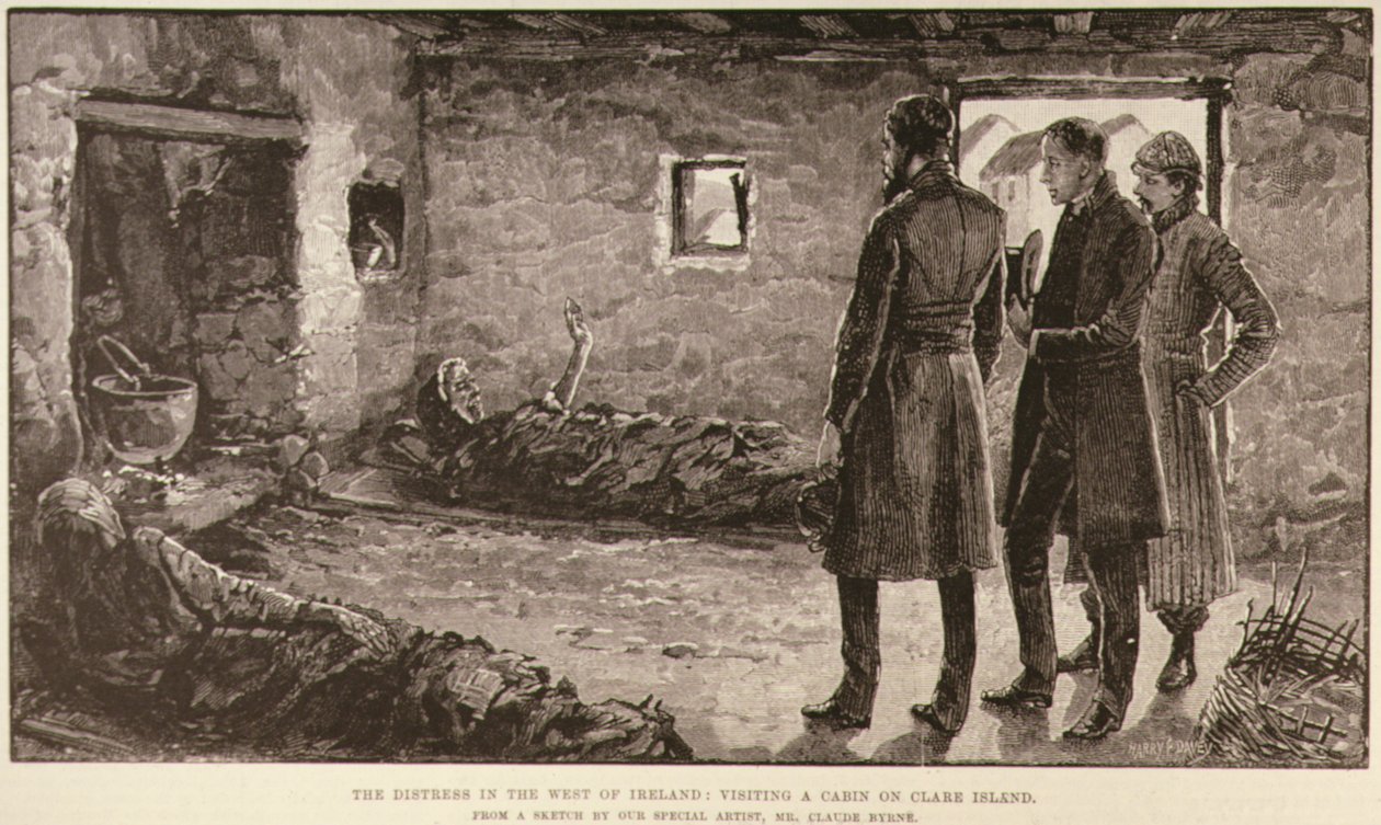 A aflição no oeste da Irlanda: visitando uma cabana em Clare Island, do The Illustrated London News, 4 de outubro de 1886 de English School