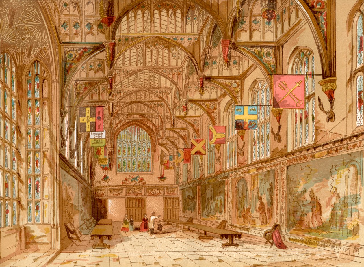 O grande salão, Palácio de Hampton Court, Londres, Inglaterra, da velha Inglaterra: A Pictorial Museum, pub. 1847 de English School