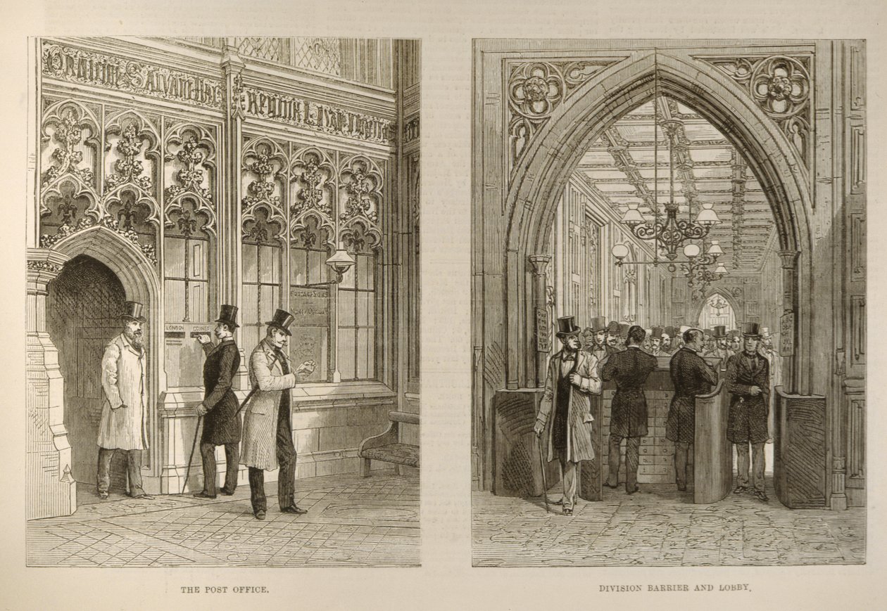 A Casa dos Comuns: Os Correios e a Divisão Barreira e Átrio, de The Illustrated London News, 18 de fevereiro de 1882 de English School