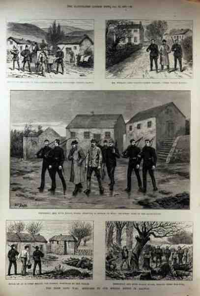 A Guerra da Terra Irlandesa: Servindo Convocações na Propriedade de Clanricarde, Woodford, Condado de Galway, de The Illustrated London News, 15 de janeiro de 1887 de English School